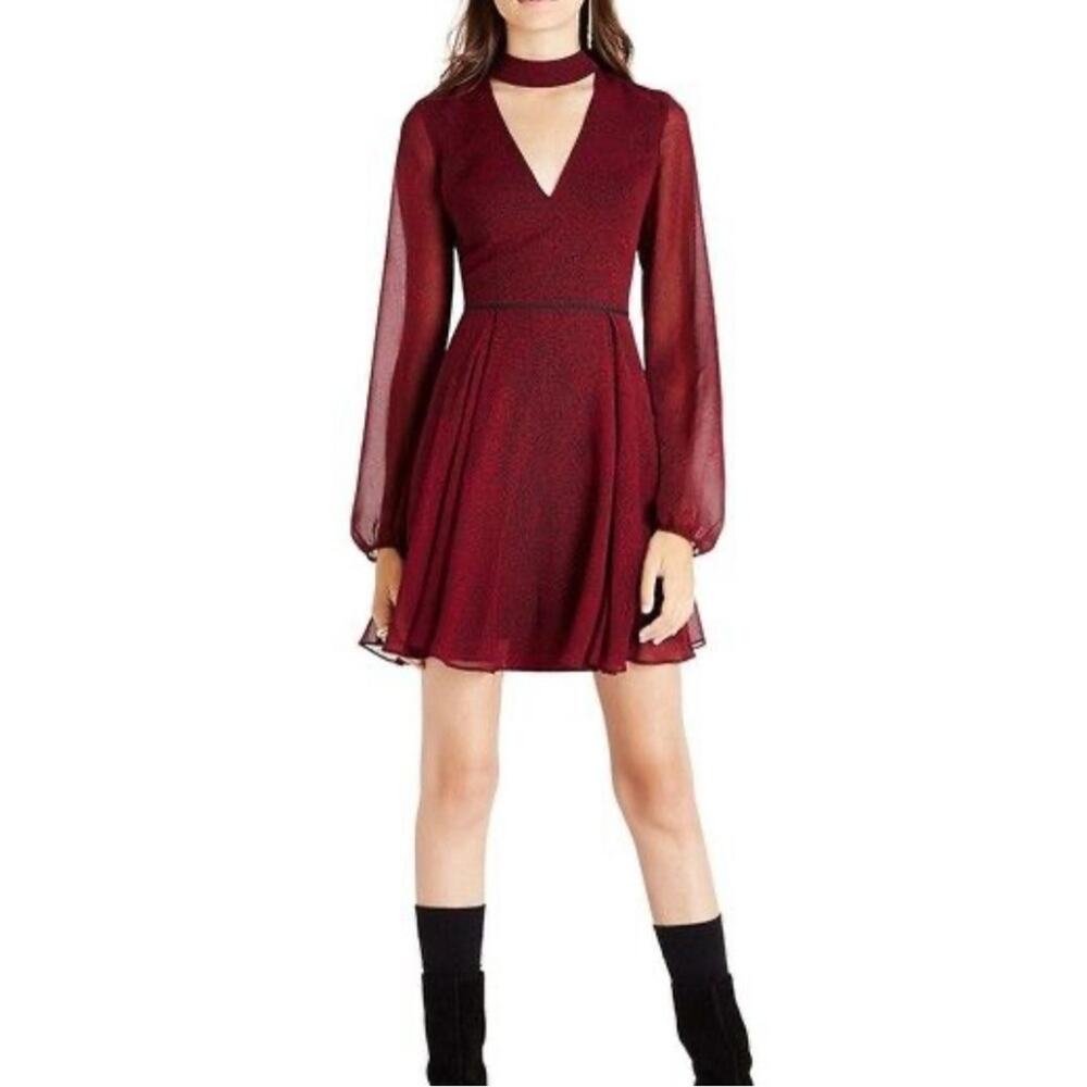 BCBGENERATION wine red long sleeve choker dress balloon sleeve flare size 8